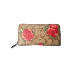 COACH  Long Zip Around Wallet Signature Canvas Floral Print Tan